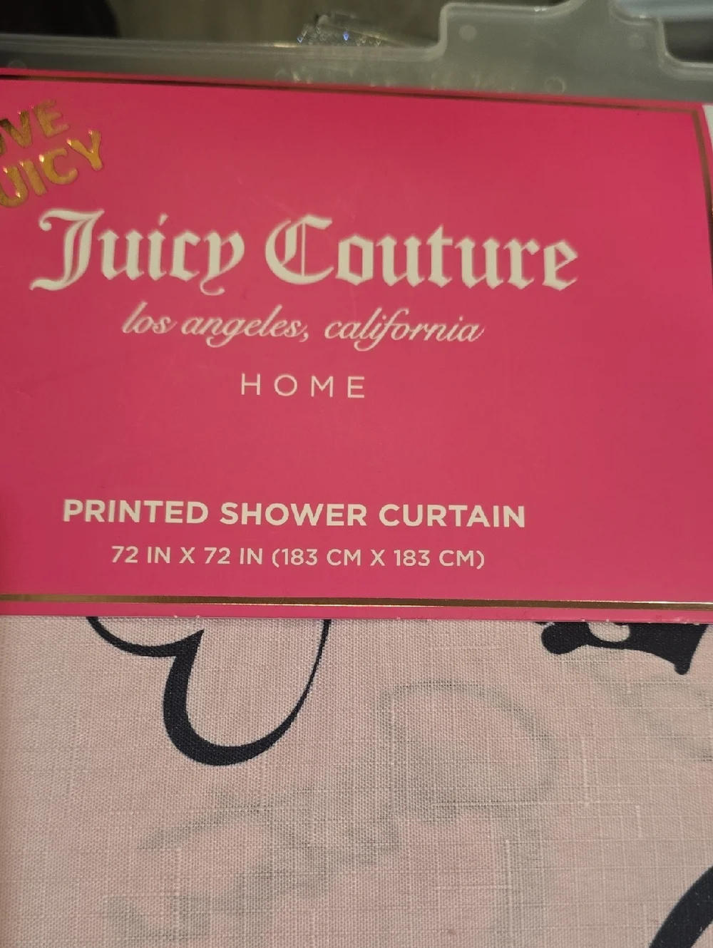 Juicy Couture Home Script Logo, Hearts, & Crowns Print Fabric Shower Curtain